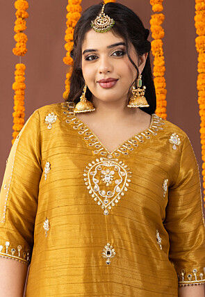 Embroidered Tussar Silk Asymmetric Pakistani Suit in  Mustard