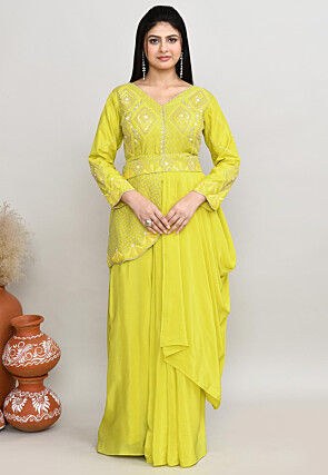 Embroidered Tussar Silk Asymmetric Tunic Set in Yellow