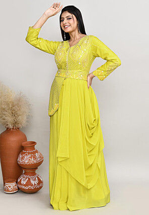 Embroidered Tussar Silk Asymmetric Tunic Set in Yellow