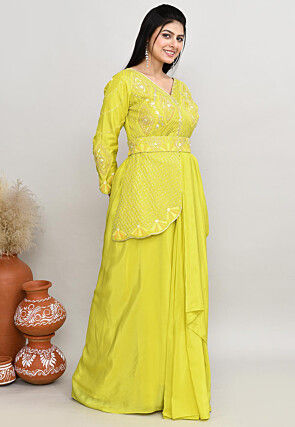 Embroidered Tussar Silk Asymmetric Tunic Set in Yellow