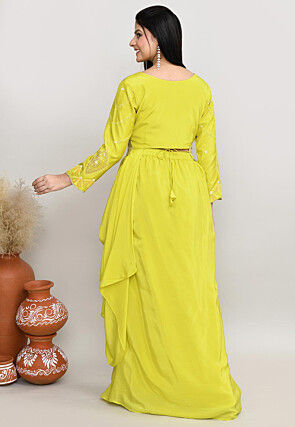 Embroidered Tussar Silk Asymmetric Tunic Set in Yellow