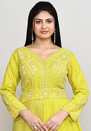 Embroidered Tussar Silk Asymmetric Tunic Set in Yellow
