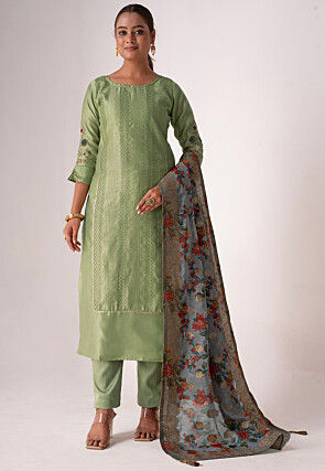 Embroidered Tussar Silk Pakistani Suit in Green