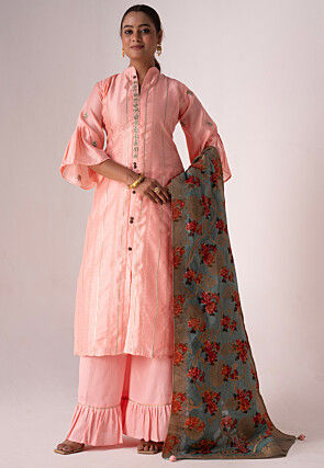 Embroidered Tussar Silk Pakistani Suit in Peach