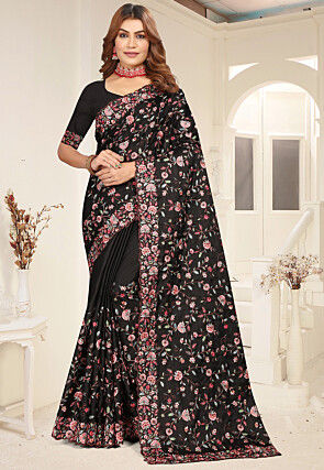 Embroidered Tussar Silk Saree in Black