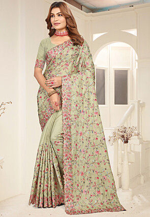 Embroidered Tussar Silk Saree in Dusty Green