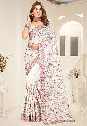 Embroidered Tussar Silk Saree in Off White