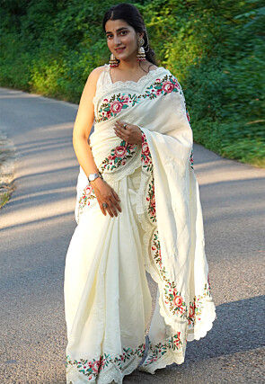 Embroidered Tussar Silk Saree in Off White