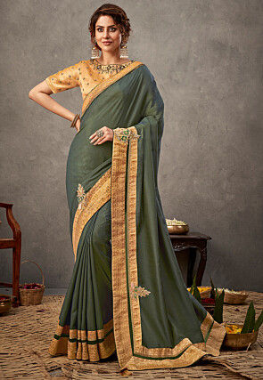 Embroidered Tussar Silk Saree in Olive Green