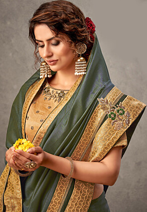 Embroidered Tussar Silk Saree in Olive Green