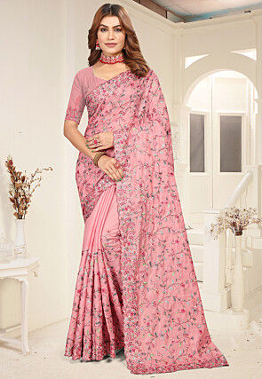 Embroidered Tussar Silk Saree in Peach