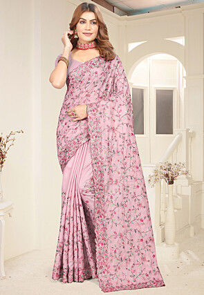 Embroidered Tussar Silk Saree in Pink