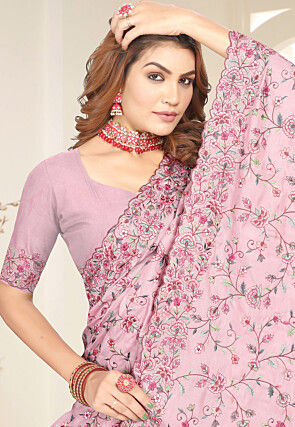 Embroidered Tussar Silk Saree in Pink