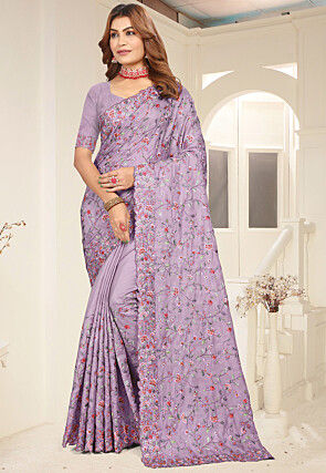 Embroidered Tussar Silk Saree in Purple