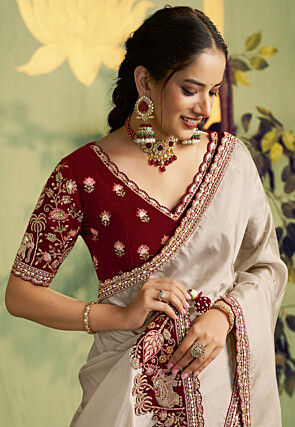 Embroidered Border Upada Silk Saree in Off White