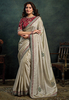 Embroidered Uppada Silk Saree in Off White