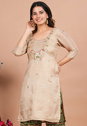 Embroidered Uppada Silk Straight Kurta in Beige