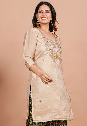 Embroidered Uppada Silk Straight Kurta in Beige