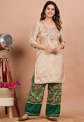 Embroidered Uppada Silk Straight Kurta in Beige