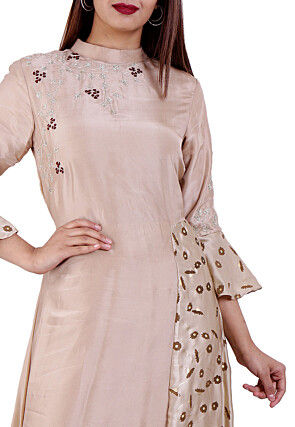 Embroidered Upadda Silk Asymmetric Kurta in Light Fawn