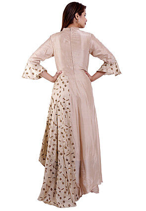 Embroidered Upadda Silk Asymmetric Kurta in Light Fawn
