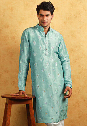 Embroidered Upadda Silk Kurta in Sea Green