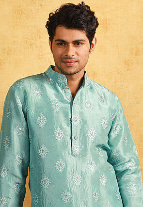 Embroidered Upadda Silk Kurta in Sea Green