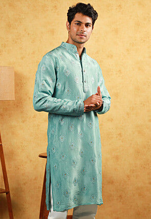 Embroidered Upadda Silk Kurta in Sea Green