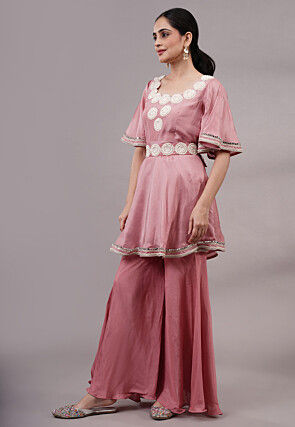 Embroidered Uppada Silk A Line Kurti Set in Peach