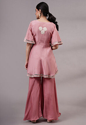Embroidered Uppada Silk A Line Kurti Set in Peach