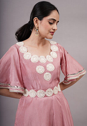Embroidered Uppada Silk A Line Kurti Set in Peach