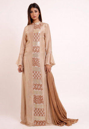 Embroidered Uppada Silk Abaya Style Suit in Light Beige