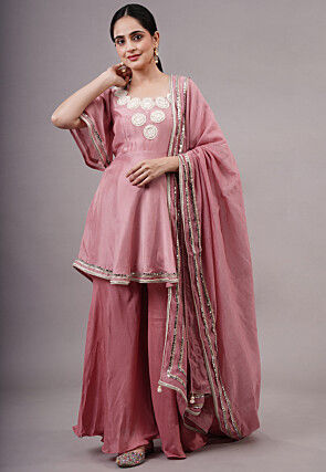Embroidered Uppada Silk Aline Suit in Peach Colour