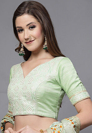 Embroidered Uppada Silk Blouse in Pastel Green