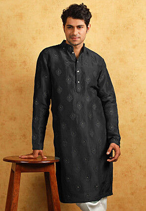 Embroidered Uppada Silk Kurta in Black