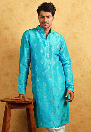 Embroidered Uppada Silk Kurta in Turquoise