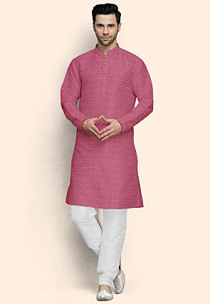 Embroidered Uppada Silk Kurta Set in Fuchsia