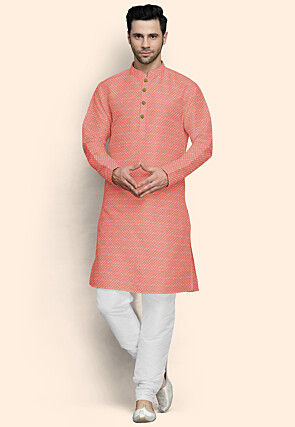 Embroidered Uppada Silk Kurta Set in Peach