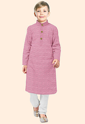 Embroidered Uppada Silk Kurta Set in Pink
