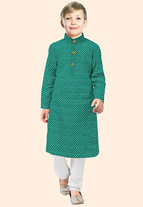 Embroidered Uppada Silk Kurta Set in Teal Green