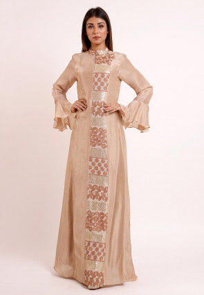 Embroidered Uppada Silk Long Kurta in Light Beige