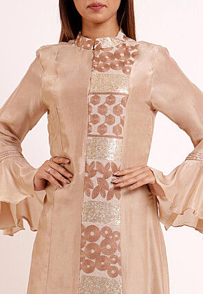 Embroidered Uppada Silk Long Kurta in Light Beige