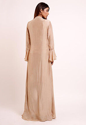 Embroidered Uppada Silk Long Kurta in Light Beige