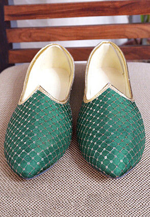 Embroidered Uppada Silk Men Mojari in Teal Green