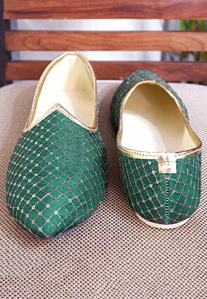 Embroidered Uppada Silk Men Mojari in Teal Green