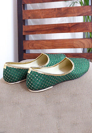 Embroidered Uppada Silk Men Mojari in Teal Green