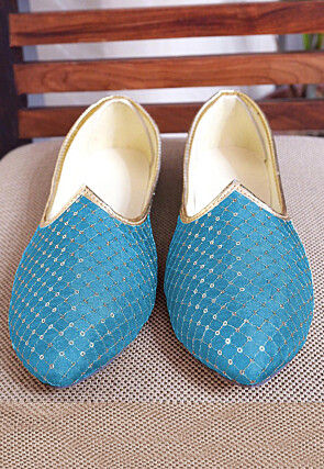 Embroidered Uppada Silk Mojari in Turquoise