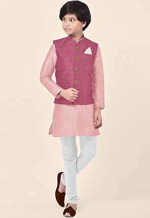 Embroidered Uppada Silk Nehru Jacket in Pink