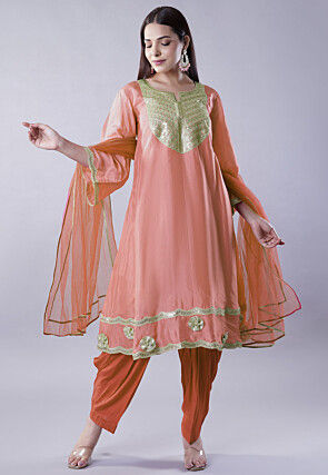 Embroidered Uppada Silk Pakistani Suit in Light Peach
