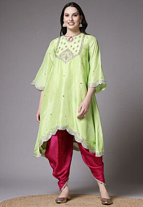 Embroidered Uppada Silk Asymmetric Punjabi Suit in Light Green